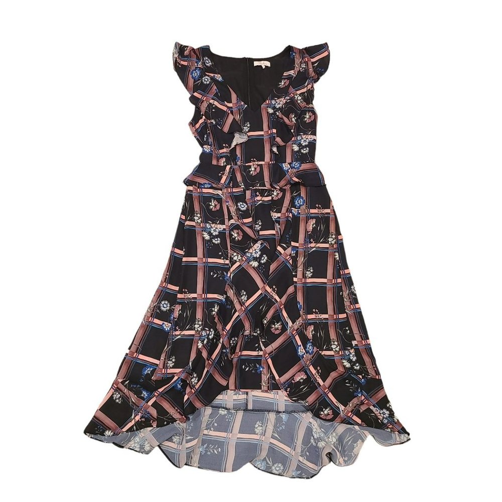 Parker Floral Plaid V-Neck Ruffle Midi Dress Womens Size S Romantic Retro Modern